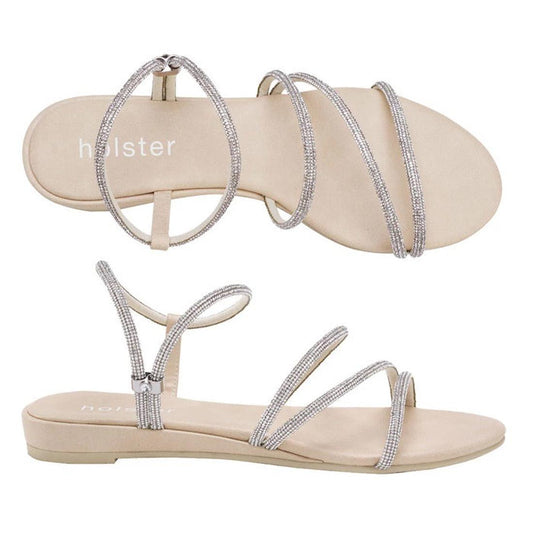 Holster Viva Wedge Womens Diamante Sandal Beige—sparkly silver straps, comfy wedge sole, ankle strap closure, family-friendly style.  ksnz