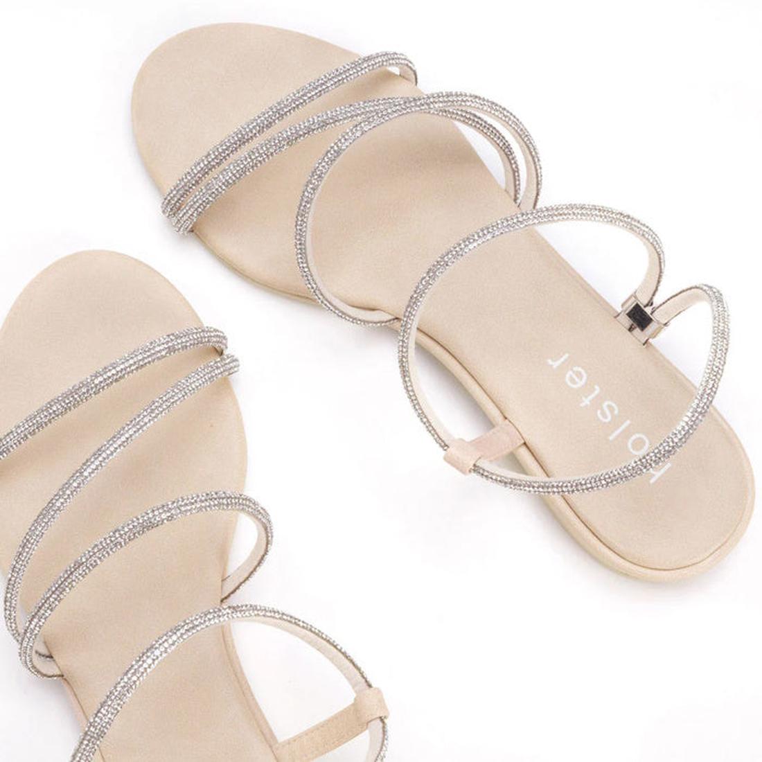 Holster Viva Wedge Womens Diamante Sandal in beige, with silver sparkly straps, comfy wedge sole, and easy slip-on style for special occasions.  ksnz, 9337771199703, 39368, 9337771199727