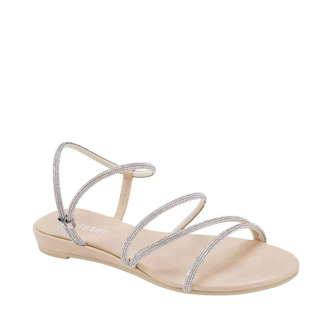 Holster Viva Wedge Womens Diamante Sandal in beige, with glittery silver straps, comfy wedge sole, and easy buckle closure on white.  ksnz, 9337771199703, 39368, 9337771199727