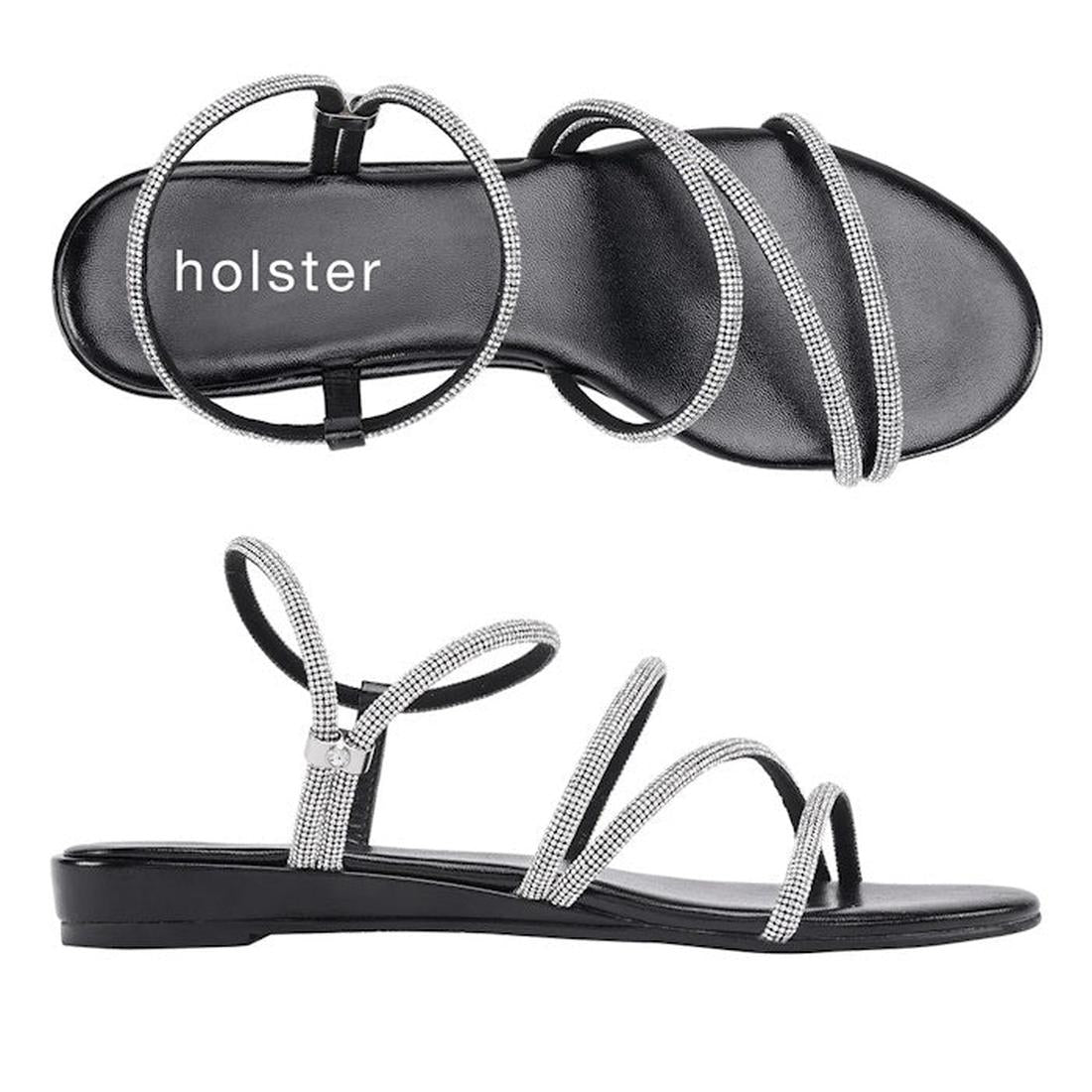 Holster Viva Wedge Womens Diamante Sandal in black—sparkly rhinestone straps, comfy wedge sole, easy slip-on for special occasions.  ksnz