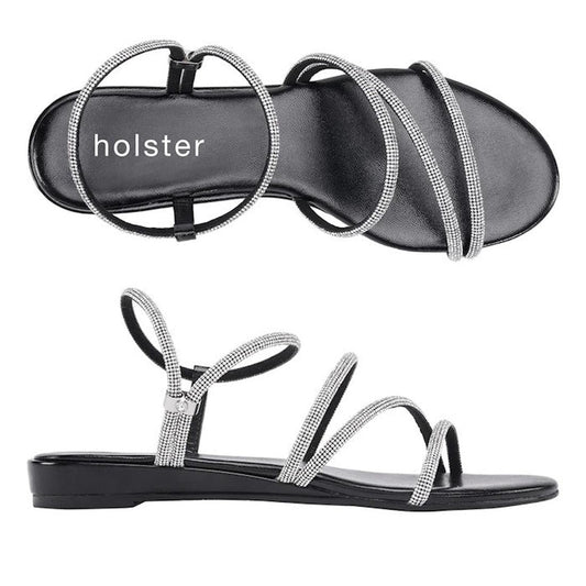 Holster Viva Wedge Womens Diamante Sandal in black—sparkly rhinestone straps, comfy wedge sole, easy slip-on for special occasions.  ksnz