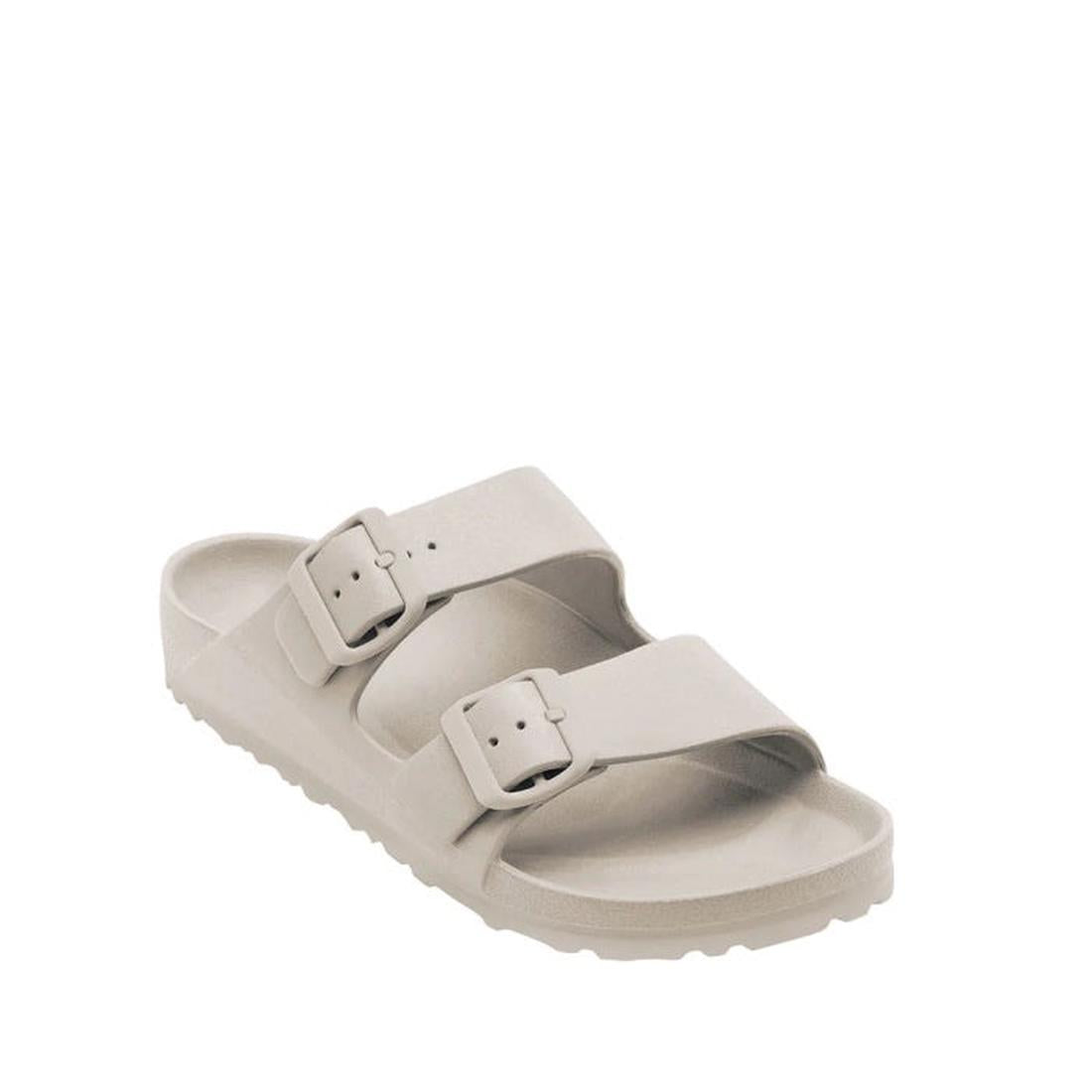 Right foot side and front view of Holster Sundreamer slide sandal in White. Shows double straps across the foot and toes with black buckles for adjustment.