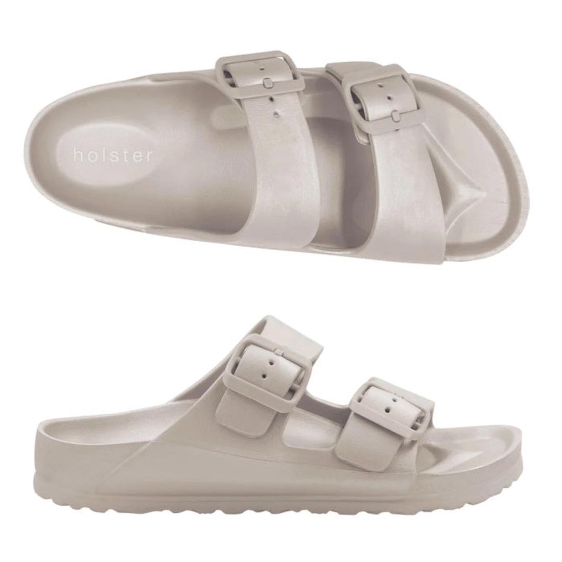 Left foot top down view of a beige sand coloured holster womens sundreamer slide sandal. Also showing the right foot outer side view.
9337771179989,
9337771179996,
9337771180008,
9337771180015,
9337771180022,
9337771180039,
9337771180046,