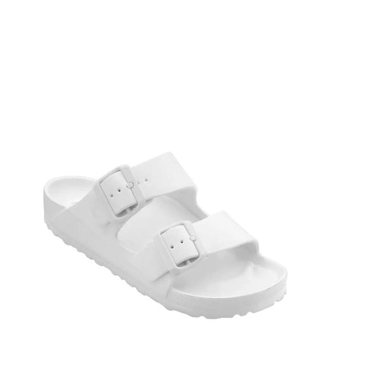 Right foot side and front view of Holster Sundreamer slide sandal in White. Shows double straps across the foot and toes with black buckles for adjustment.