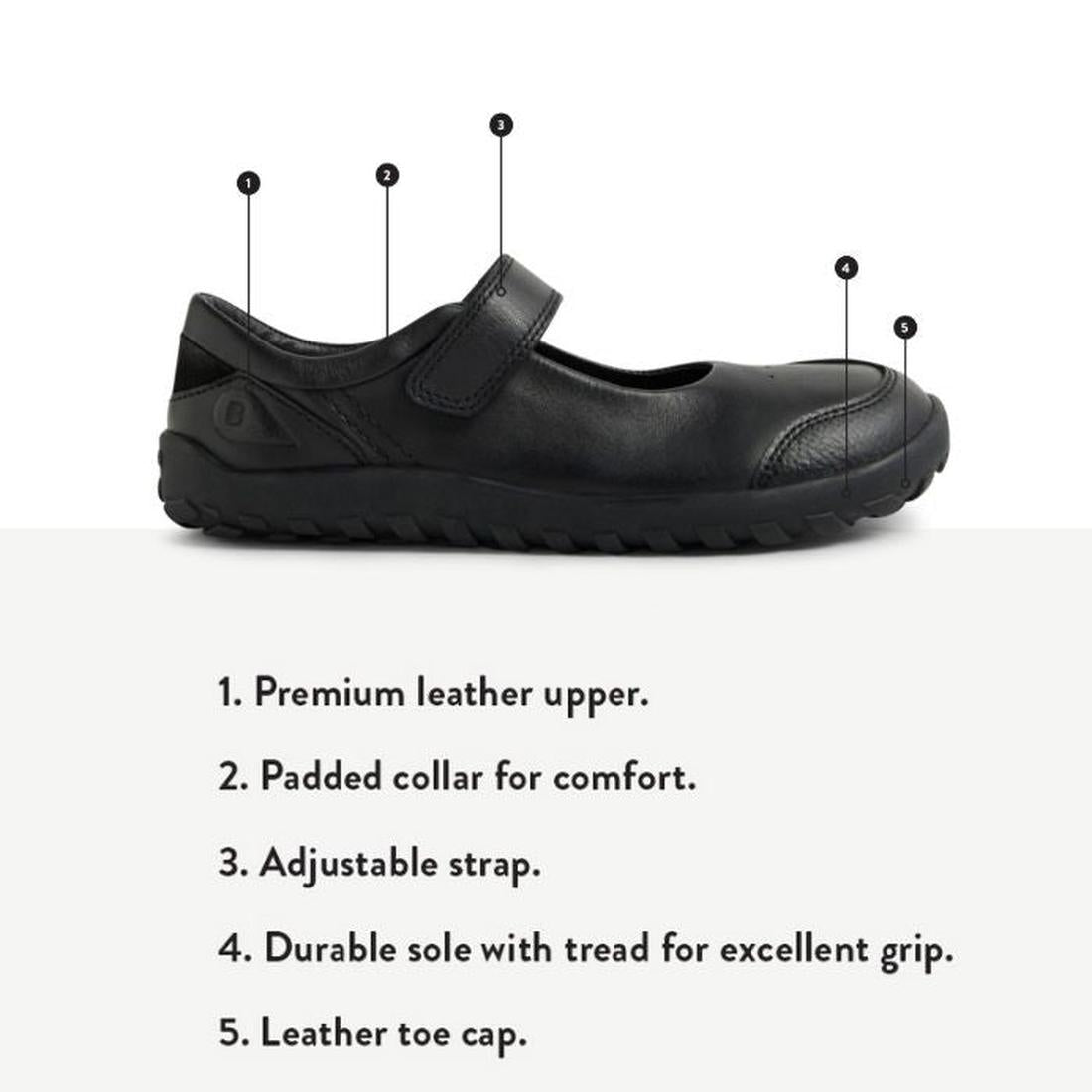 The Bobux Kid+ Hula Alpha Black School Leather Mary Jane Shoe features a premium leather upper, padded collar, adjustable strap, durable treaded sole, and leather toe cap—five essentials for long-lasting kids' shoes., 48430, 9420074842237, 9420074842244, 