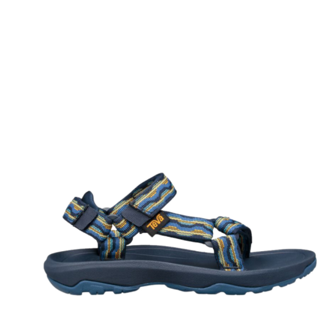 The Teva Kids K Hurricane XLT2 Kishi Dark Blue sandal features adjustable straps with a yellow and blue zigzag pattern, a thick recycled rubber sole, and a small Teva logo tag on the side., 192410699667, 192410699674, 192410699681, 192410699636, 192410699, 192410699643, 192410699650, 192410700707, 192410700745, 192410700752, 192410700769