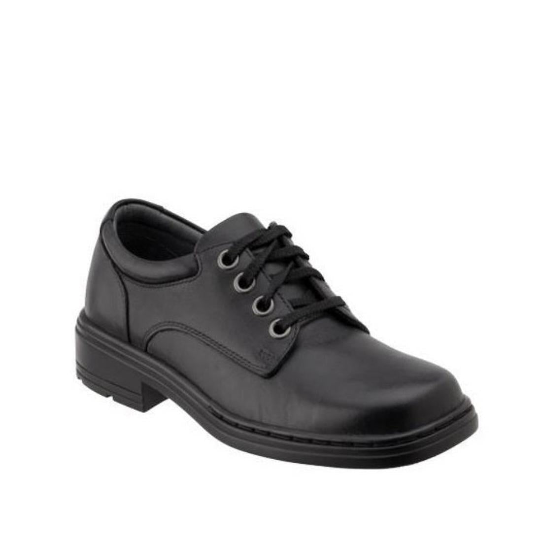 The Clarks Infinity Junior D is a single black leather school shoe with laces, a low heel, rounded toe, and orthotic-friendly design in narrow width, shown on a white background.