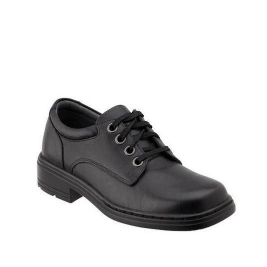 The Clarks Infinity Junior E school shoe in black leather features black laces, a low heel, and rounded toe—ideal for those seeking orthotic-friendly footwear. Average width. NOT RETURNABLE. Shown against a plain white background.
