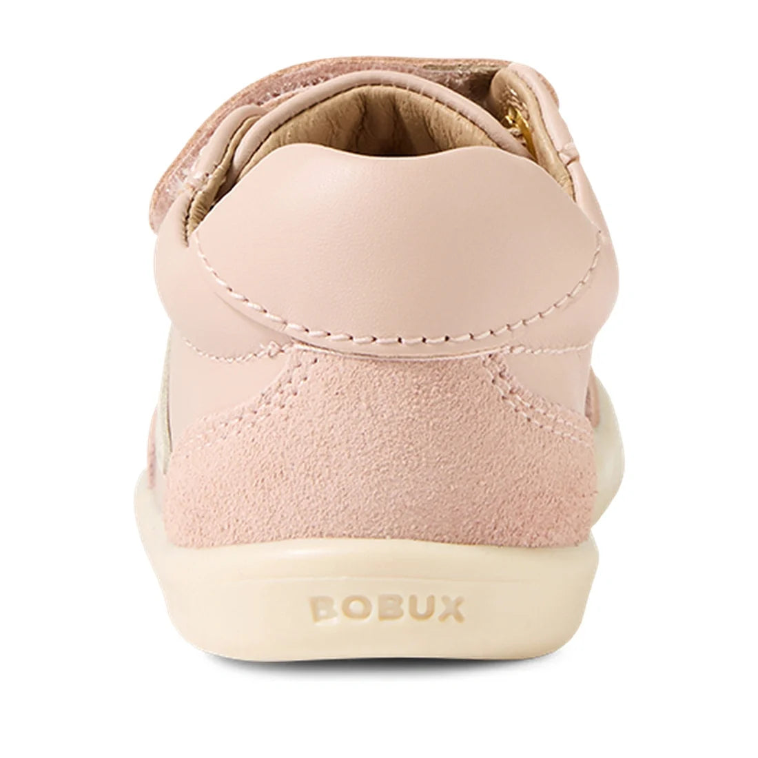 Back view of the Bobux IW Iwalk Toddlers Champ Leather Sneaker in Cameo Rose Pink, featuring a blend of suede and leather textures, a white sole, and BOBUX embossed on the heel—stylish and comfortable sneakers designed for little feet., 9420068579248, 942