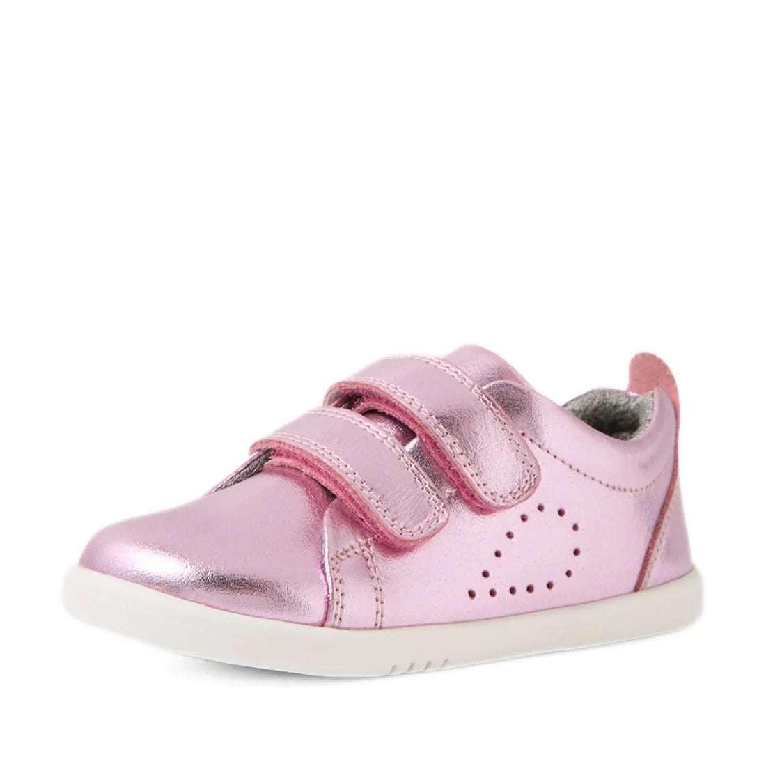 Shiny pink metallic leather sneakers for toddlers featuring two Velcro straps, side perforations, a light-colored sole, and a soft inner lining—the Bobux Iwalk Toddlers Grass Court Pink Metallic Leather Trainer combines playful style with comfort for litt