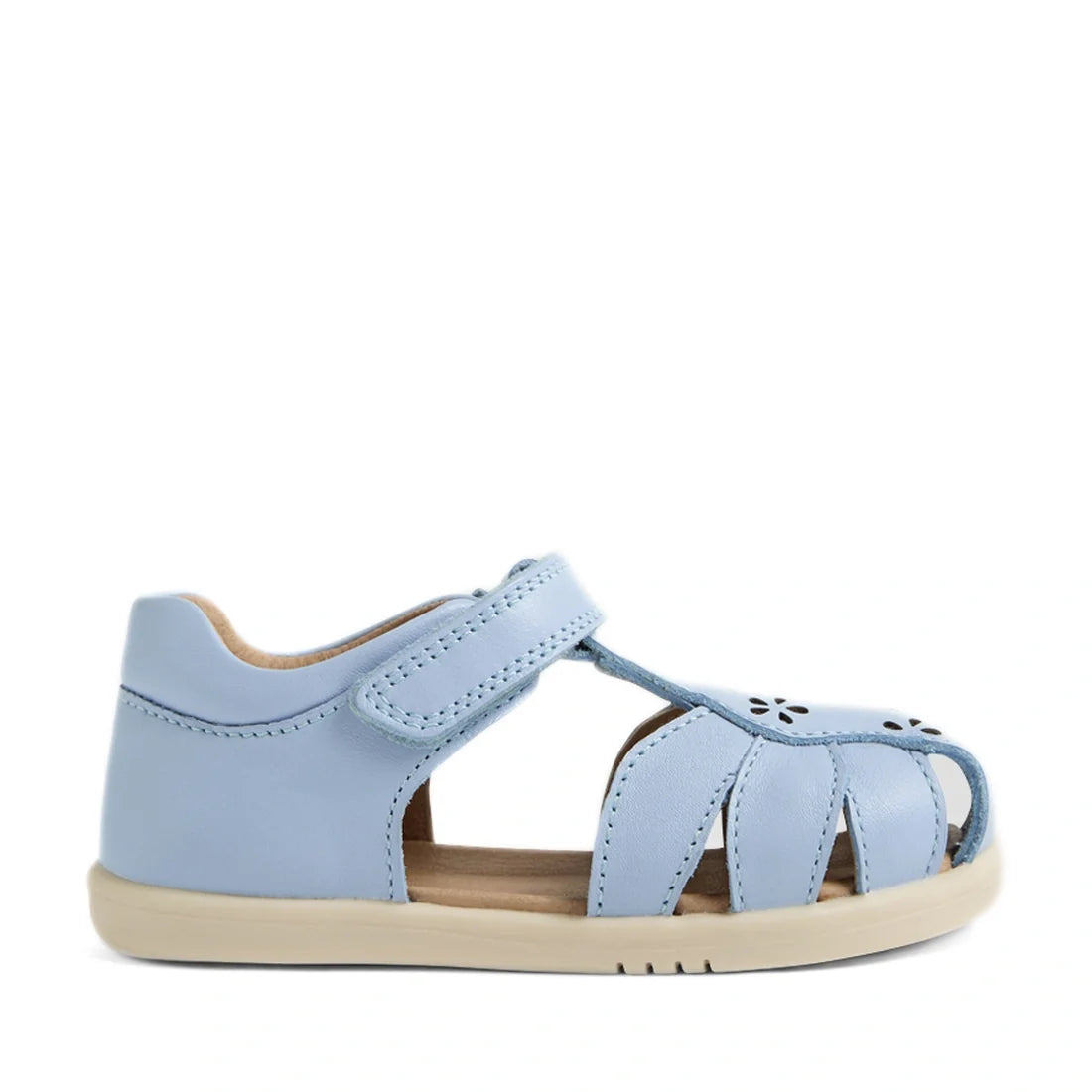 Introducing the Bobux IWalk Holly Toddlers Sandal in Skyway Blue—a light blue children’s sandal featuring a closed heel, open toe, and adjustable Velcro strap. Designed for comfort, these leather sandals have a soft sole and delightful flower-shaped cutou