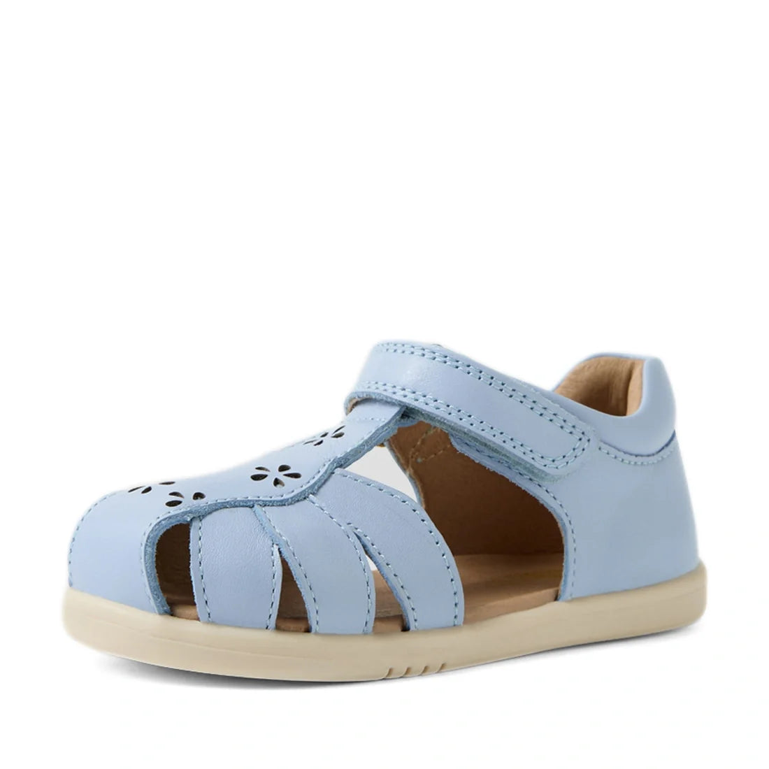 The Bobux IWalk Holly Toddlers Sandal in Skyway Blue features a light blue, closed toe design crafted from quick-drying leather, with delightful floral cutouts on the front. Designed for toddlers, these sandals include side cut-outs and a convenient velcr