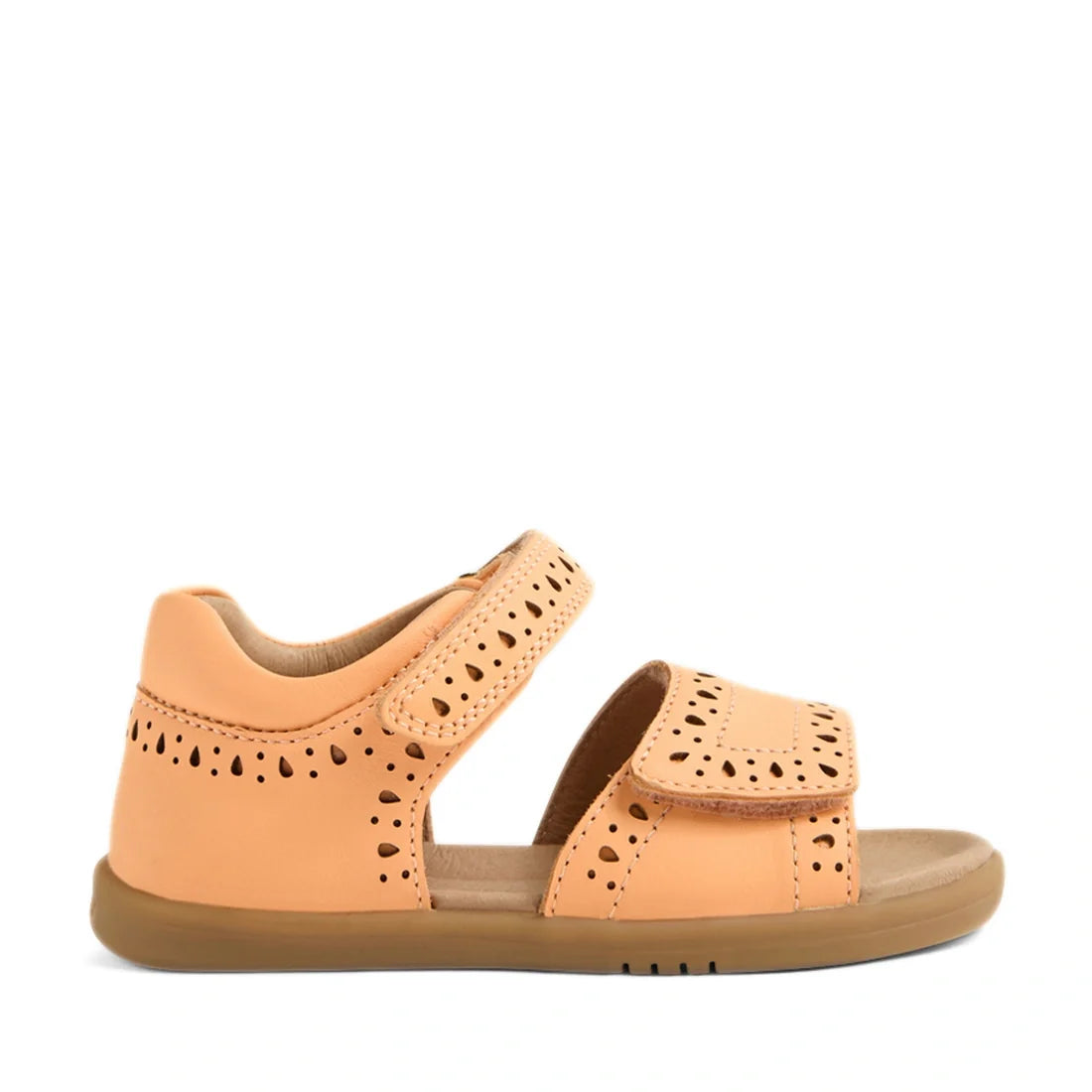 A single Bobux IWalk Logan Toddlers Sandal in Peach Jelly, featuring an open toe, cutout details, two adjustable Velcro straps, and a flat rubber sole, is shown in a side profile on a white background—perfect as stylish sandals for toddler girls., 9420074