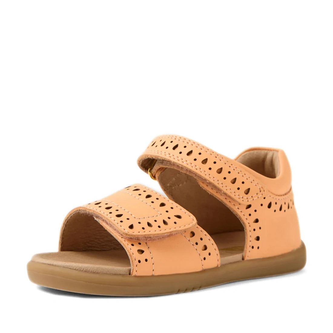 Peach Jelly open-toe sandals for toddlers, designed in the Bobux IWalk Logan style, featuring perforated strap details, velcro closures, and a durable rubber sole—perfect as everyday sandals for toddler girls., 9420074853318, 9420074853325, 9420074853332,