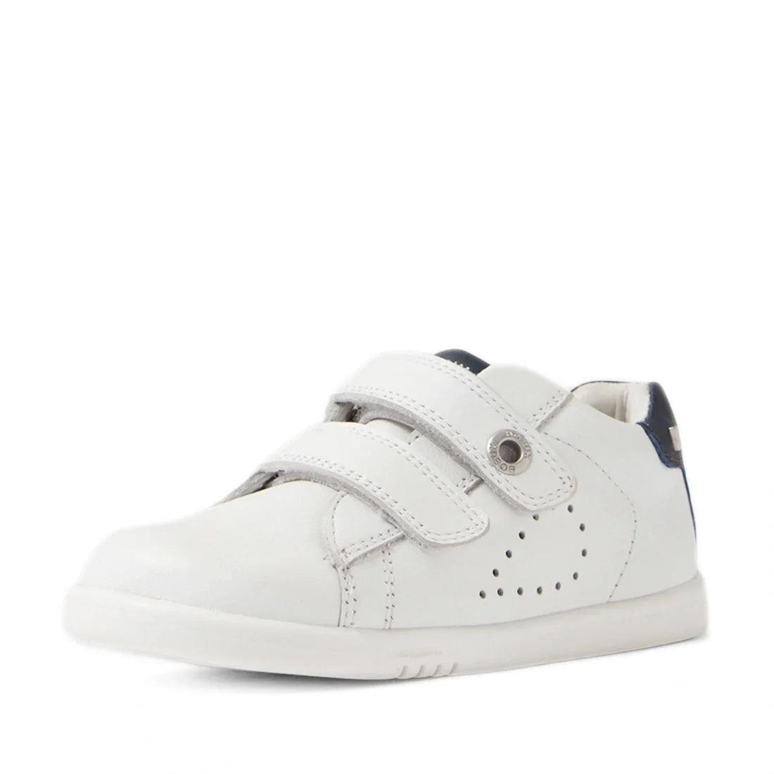 The Bobux IW Iwalk Maverick Toddlers Leather Sneaker in White Navy features a white leather design with two adjustable velcro straps, side perforations, and a dark blue accent on the heel. Photographed against a plain white background, this sporty kids’ s