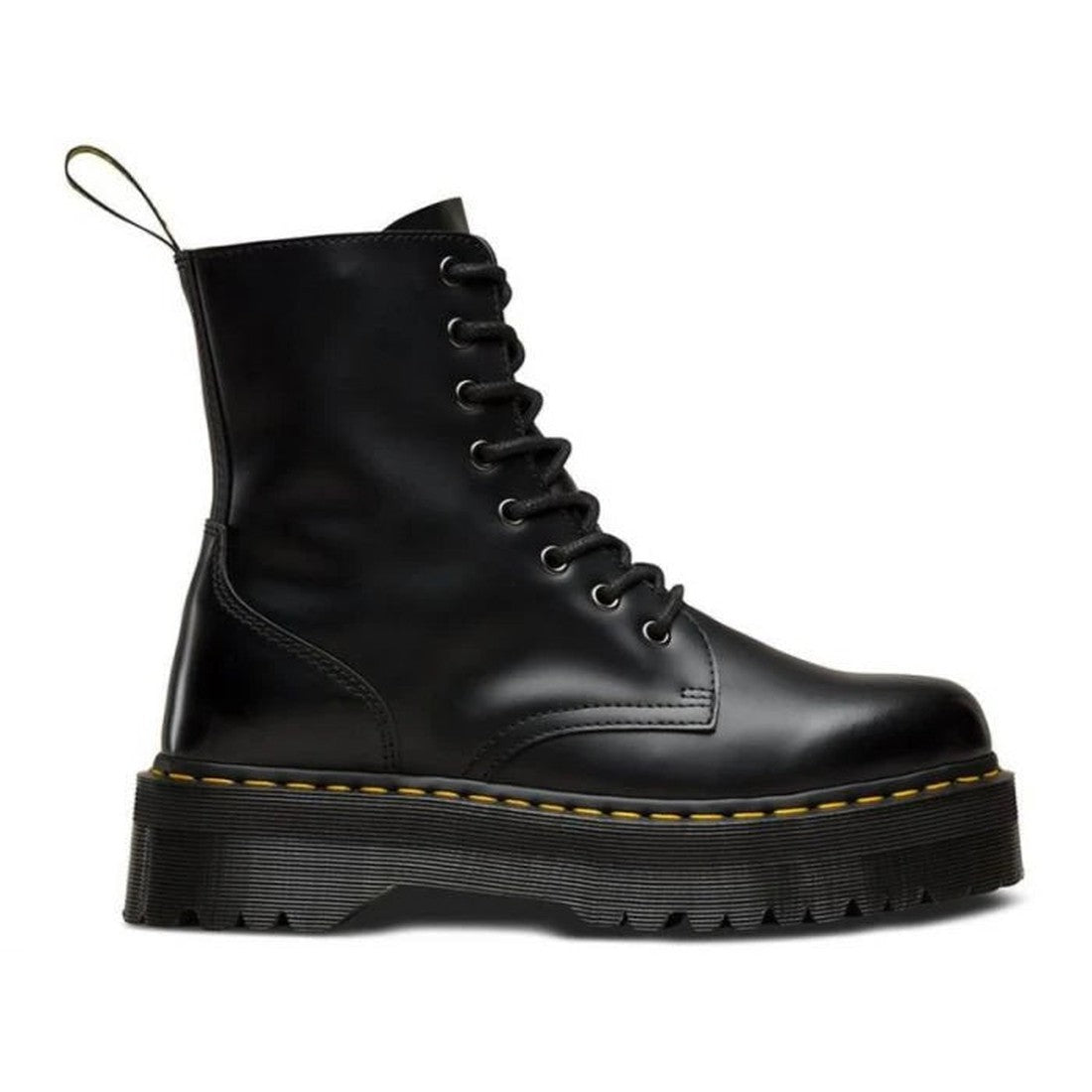 The Dr Martens - Jadon Polished Smooth Boot 8 up is a black leather boot with a thick platform sole, yellow stitching, and a yellow back pull tab, shown in side profile against a white background., 883985578883, 883985578890, 883985578906, 883985578913, 8