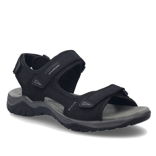 The Josef Seibel Mens Arlo 02 Sandal Schwarz Black is a premium black leather open-toe sandal for men, featuring adjustable Velcro straps and a cushioned gray footbed—designed for long-lasting comfort and versatile outdoor wear.