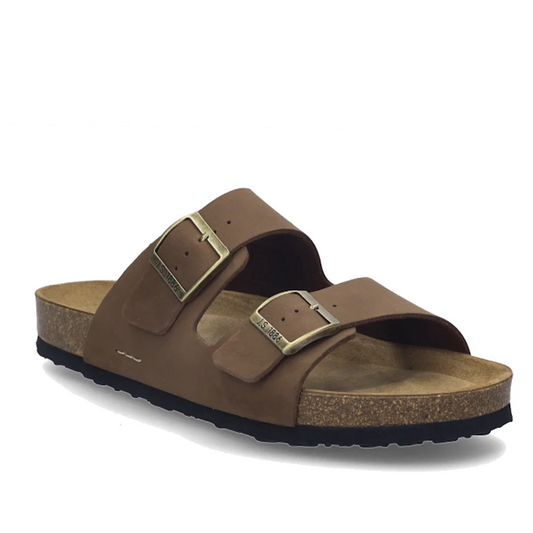 Introducing the Josef Seibel Mens Josef 01 2 Strap Slide Sandal in Braun Brown—crafted from premium cowhide leather with two wide straps, each adorned with a bold metal buckle. Designed for comfort, it features a contoured cork footbed and ergonomic sole,