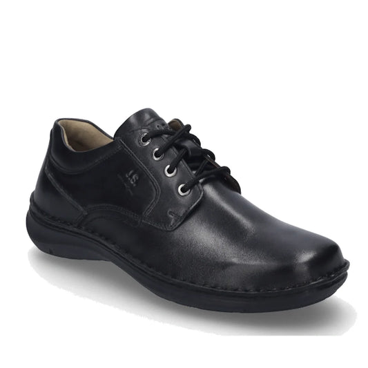 The Josef Seibel New Anvers 06 Mens Black Dress Casual Shoe features a rounded toe, black leather upper with matching stitching, classic lace-up design, and a low rubber sole—expertly crafted in Germany and displayed here on a white background.
