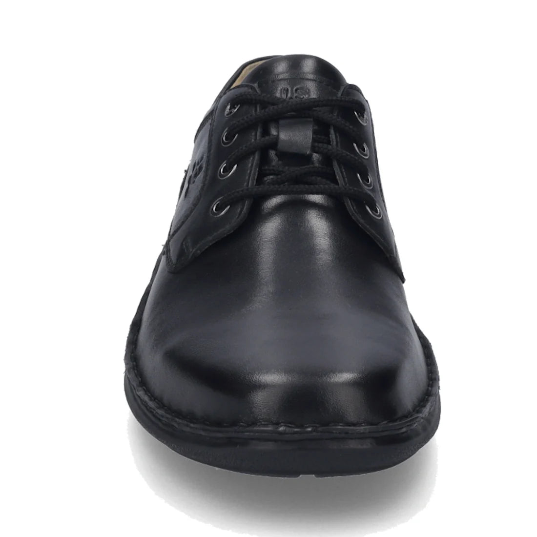 A front view of the Josef Seibel New Anvers 06 Men’s Black Dress Casual Shoe, expertly handcrafted in premium black leather with meticulous stitching detail around the sole, showcases exceptional German craftsmanship. This stylish shoe is finished with bl