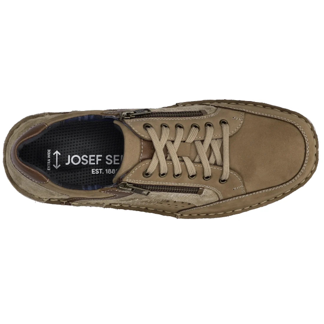 Top view of the Josef Seibel New Anvers 87 Men’s Casual Shoe w/Zip in Beige Sand, featuring a tan nubuck leather upper with beige laces, a visible side zipper, and detailed stitching. This comfortable walking shoe includes an insole with brand text and an