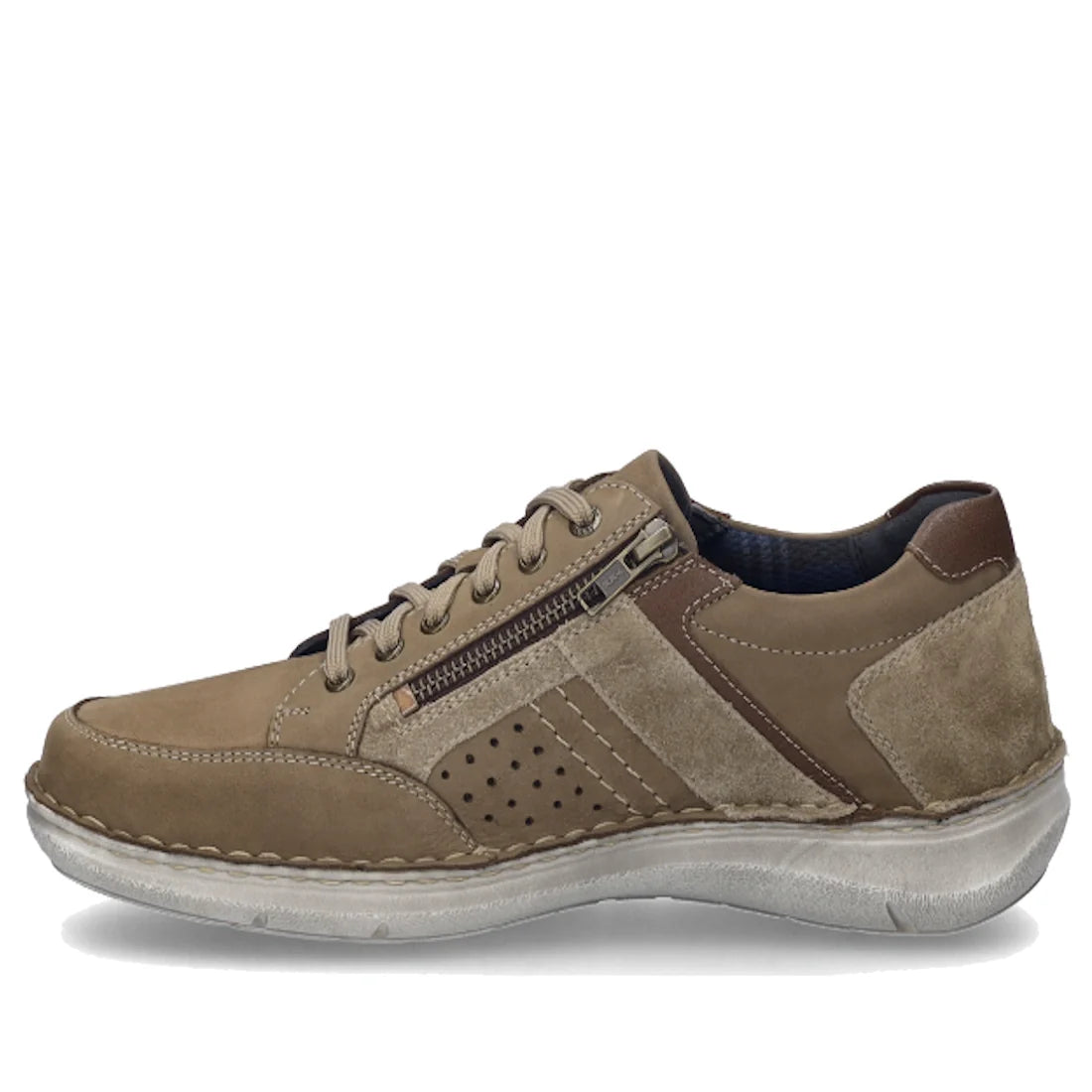 Experience comfort and style with the Josef Seibel New Anvers 87 Men’s Casual Shoe w/Zip in Beige Sand—featuring tan and beige suede and nubuck leather panels, a side zipper, perforated details, lace-up closure, and a white rubber sole for effortless ever