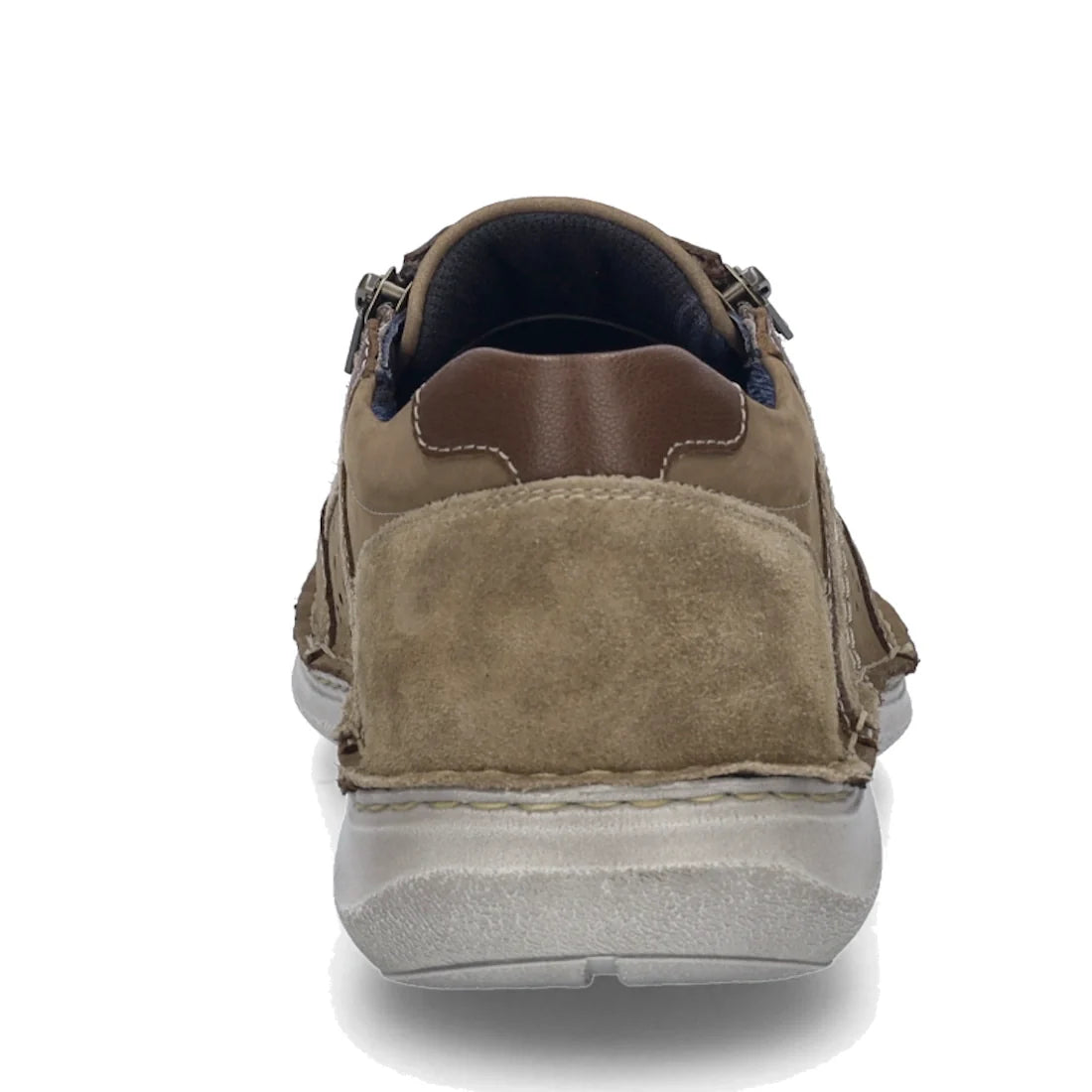 Rear view of the Josef Seibel New Anvers 87 Men’s Casual Shoe with Zip in Beige Sand, featuring brown suede and nubuck leather, visible stitching, and a thick white rubber sole against a white background, highlighting the refined details of these comforta