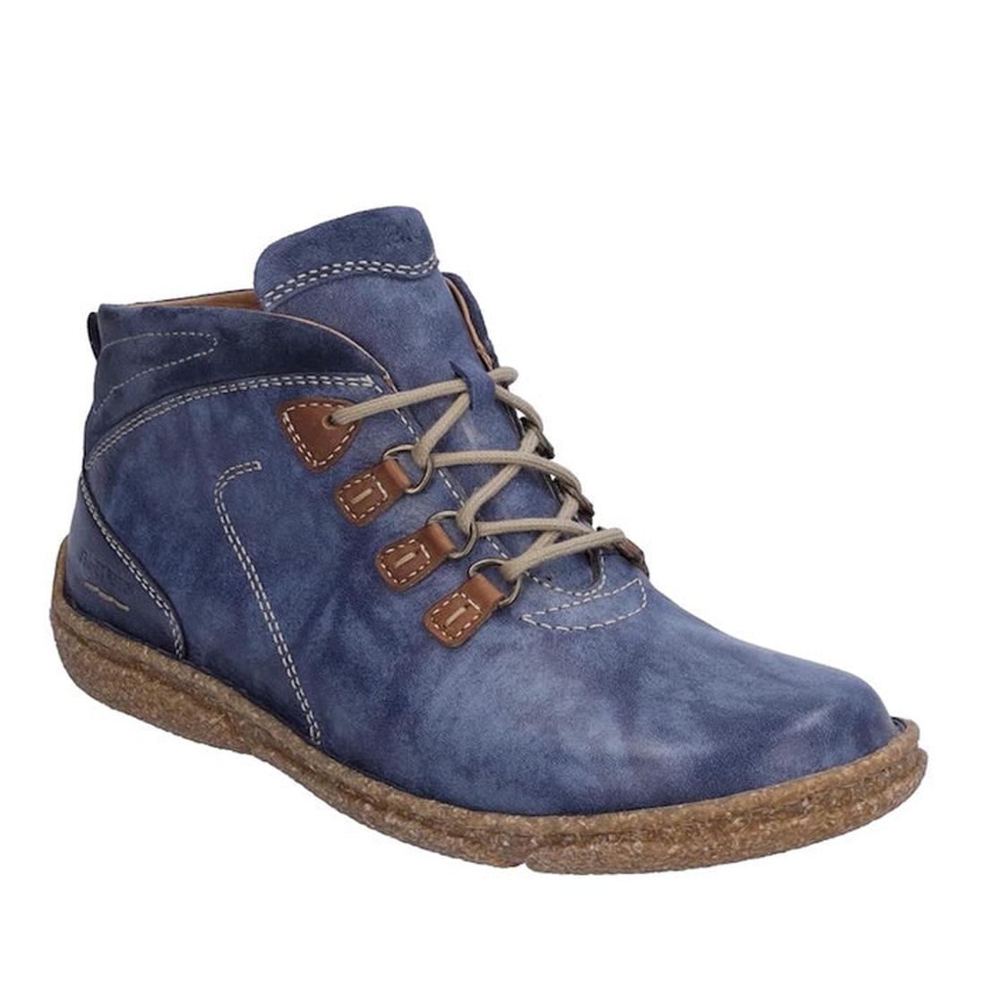 The Josef Seibel Neele 57 Women's Leather Ankle Boot Zip in Ocean Blue features beige laces, brown leather eyelet accents, white stitching, a textured brown rubber sole, and a removable footbed for all-day comfort.