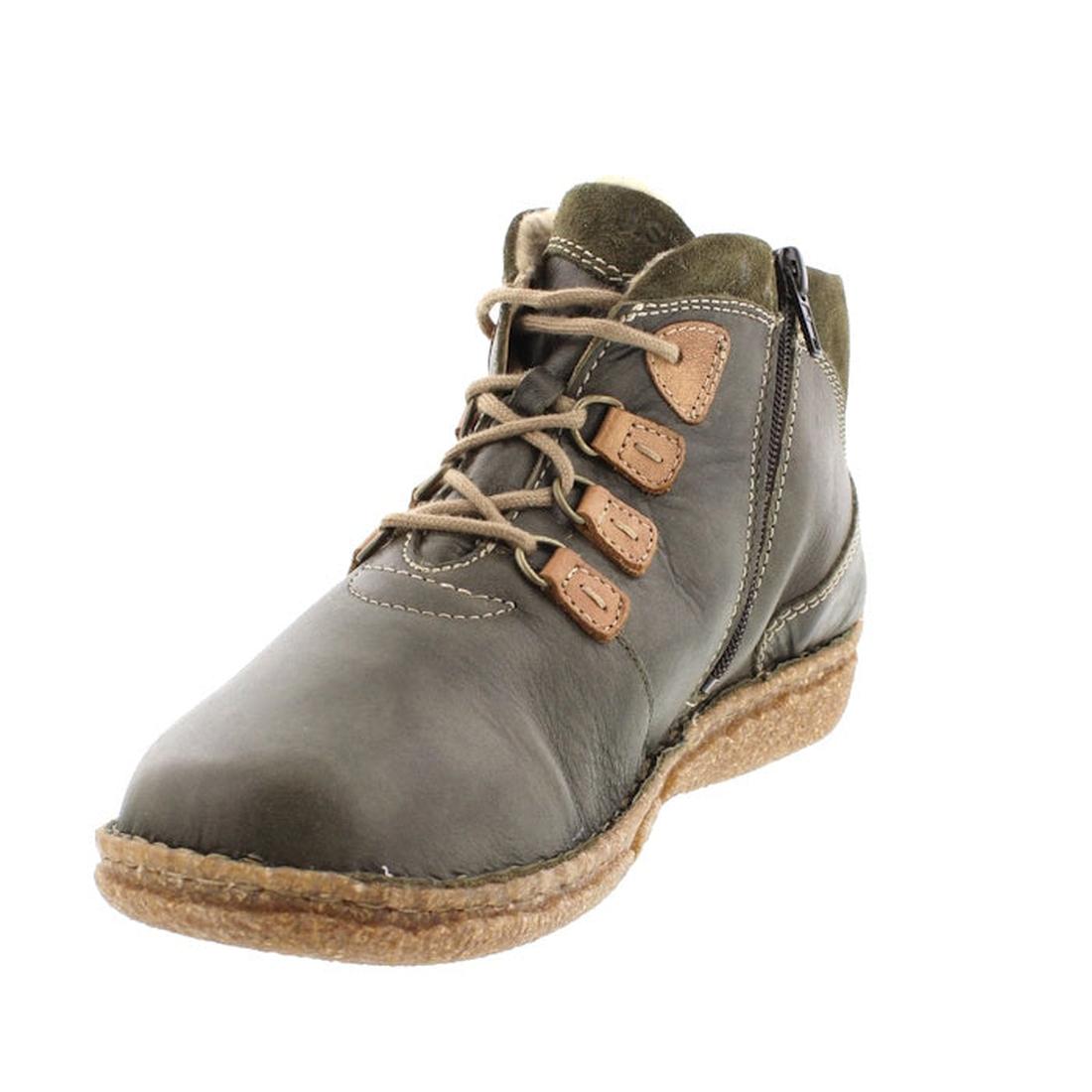 The Josef Seibel Neele 57 Women's Leather Ankle Boot in Wild Kombi Moss Green features olive-green leather, tan laces, three brown lace hooks, a side zipper, visible stitching, removable footbed, and a textured tan rubber sole. Shown on white background.,, 4062838400250, 4002838400267, 4062838400274, 4062838400281, 4062838400298