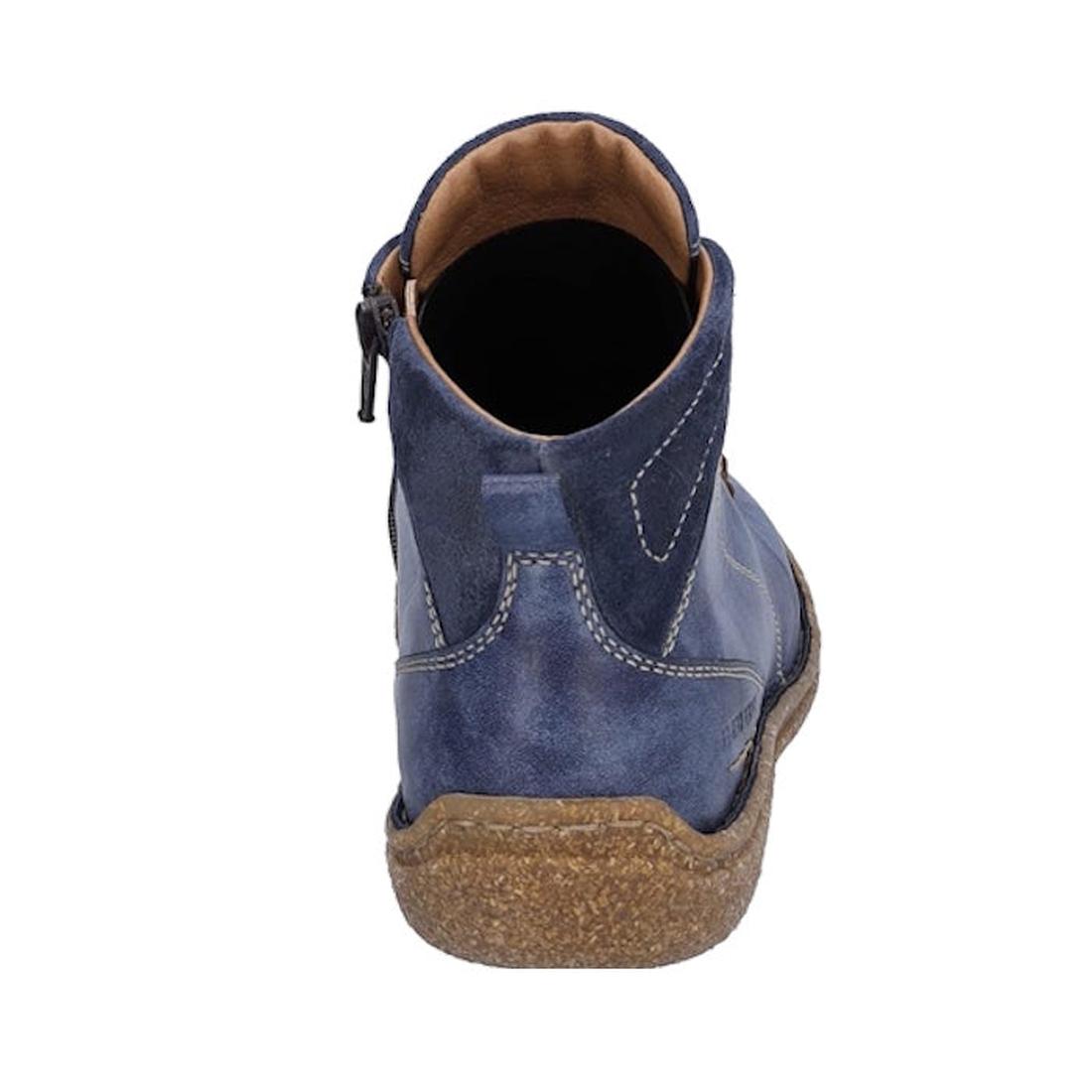The Josef Seibel Neele 57 Women's Leather Ankle Boot in Ocean Blue features a side zip, comfy leather, light brown lining, white stitching, removable footbed, and textured brown sole—ideal for daily wear against a white background., 4062838400144, 4062838, 4062838400151, 4062838400168, 4062838400182, 4062838400199