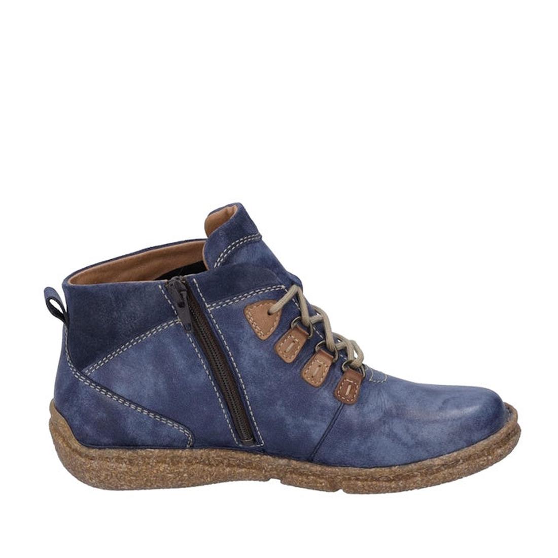 The Josef Seibel Neele 57 Women's Leather Ankle Boot Zip Ocean Blue features blue leather, brown accents, side zipper, light brown laces, and a textured brown sole with a removable footbed—shown from the side on a white background., 4062838400144, 4062838, 4062838400151, 4062838400168, 4062838400182, 4062838400199