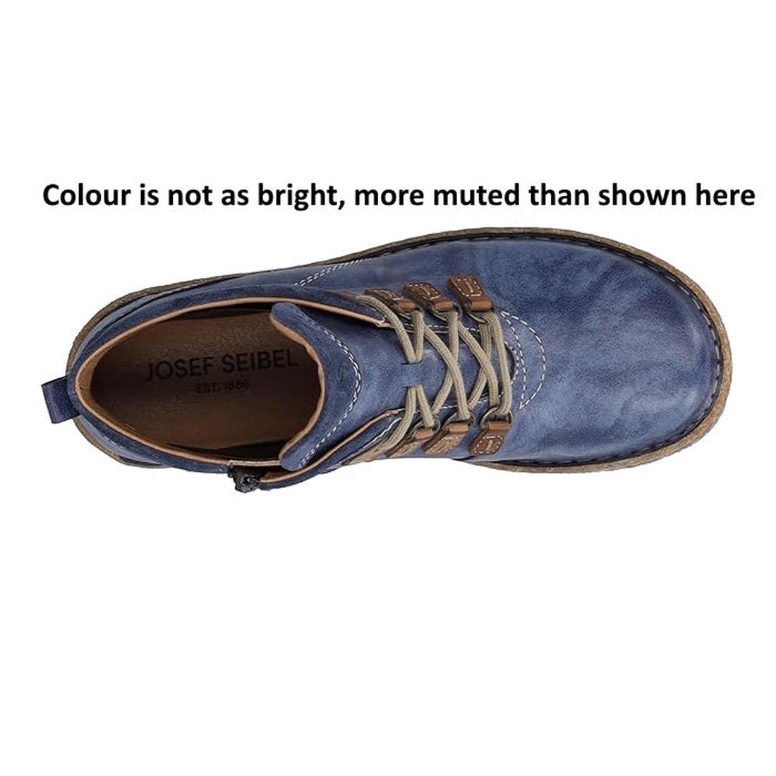 Top view of a Josef Seibel Neele 57 Women's Leather Ankle Boot Zip Ocean Blue with brown laces and stitching. Colour is more muted than shown here. Removable footbed offers added comfort—ideal for everyday wear., 4062838400144, 4062838400151, 406283840016, 4062838400168, 4062838400182, 4062838400199