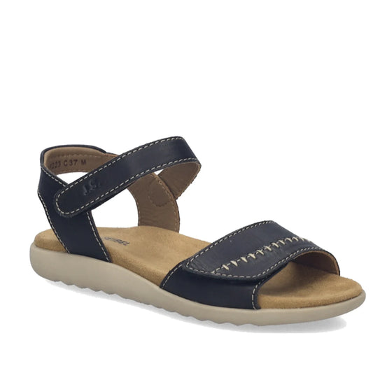 Introducing the Josef Seibel Juliet 03 Womens Leather Comfort Sandal in black, featuring a beige sole, open toe design, two adjustable straps with white stitching details, and a cushioned footbed crafted from soft leather—making it an ideal choice for wom