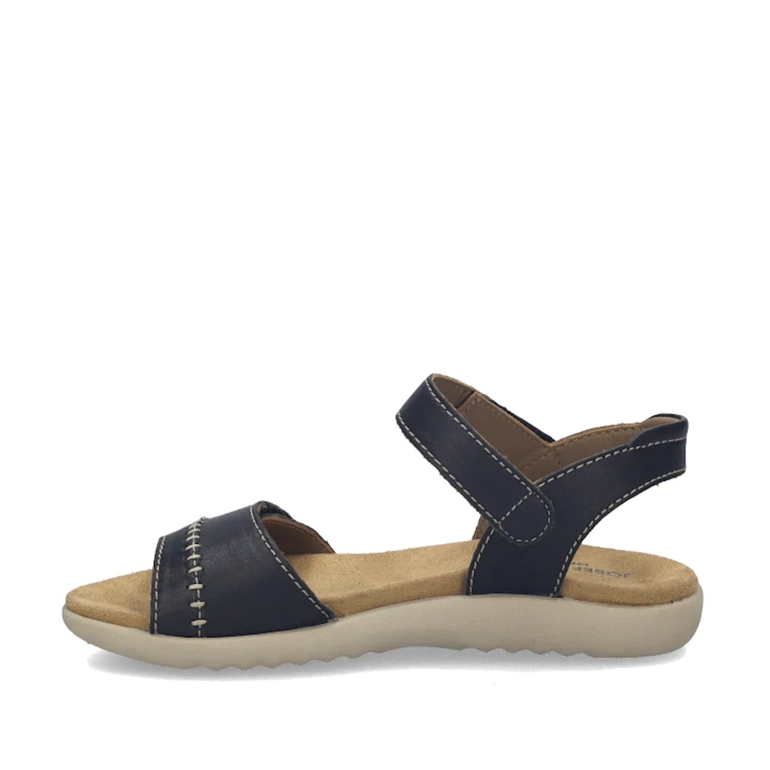 Josef Seibel Juliet 03 Women’s Leather Comfort Sandal in black, expertly crafted from soft leather with a beige sole. This open-toe and open-heel sandal features white stitching and an adjustable ankle strap, combining timeless style with everyday comfort