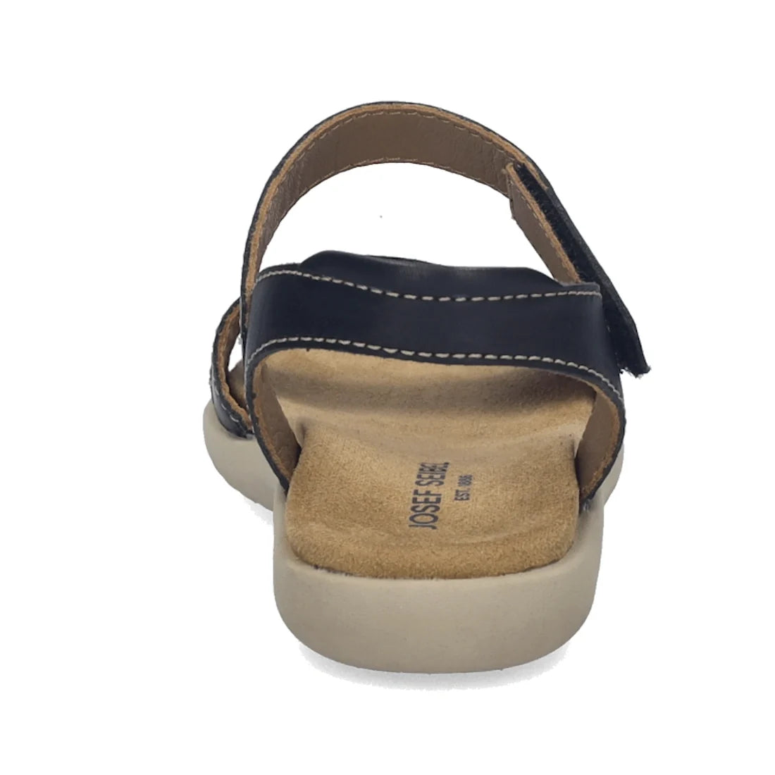 A back view of the Josef Seibel Juliet 03 Women’s Leather Comfort Sandal in Black displays soft black leather straps with white stitching, a tan cushioned insole, and a light beige sole—presented on a white background, this elegant sandal makes a stylish 