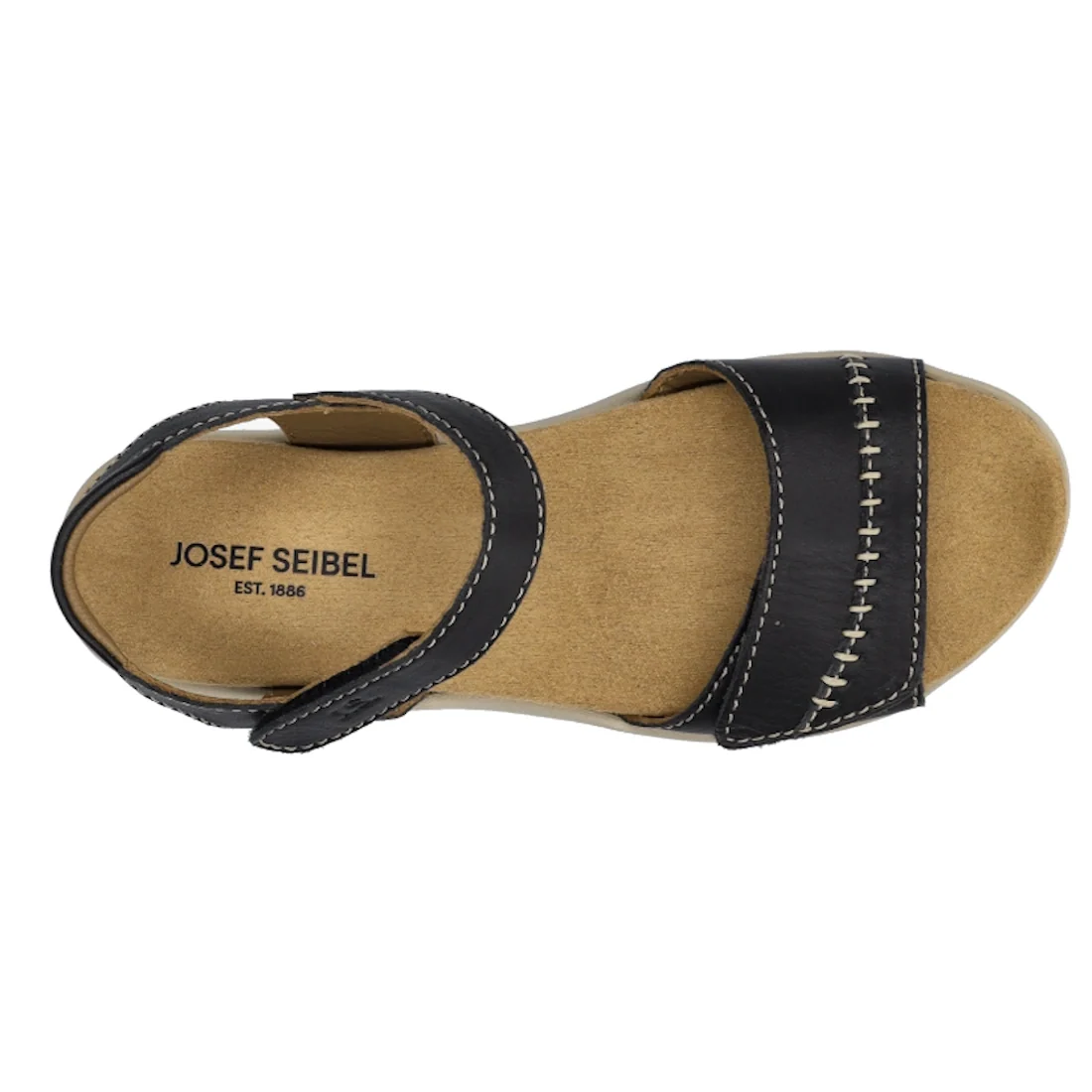 The Josef Seibel Juliet 03 Women’s Leather Comfort Sandal in black features visible white stitching, a tan footbed, and an ankle strap. Crafted from soft leather, this sandal has an insole stamped with “JOSEF SEIBEL EST. 1886.”., 4070372008955, 4070372008