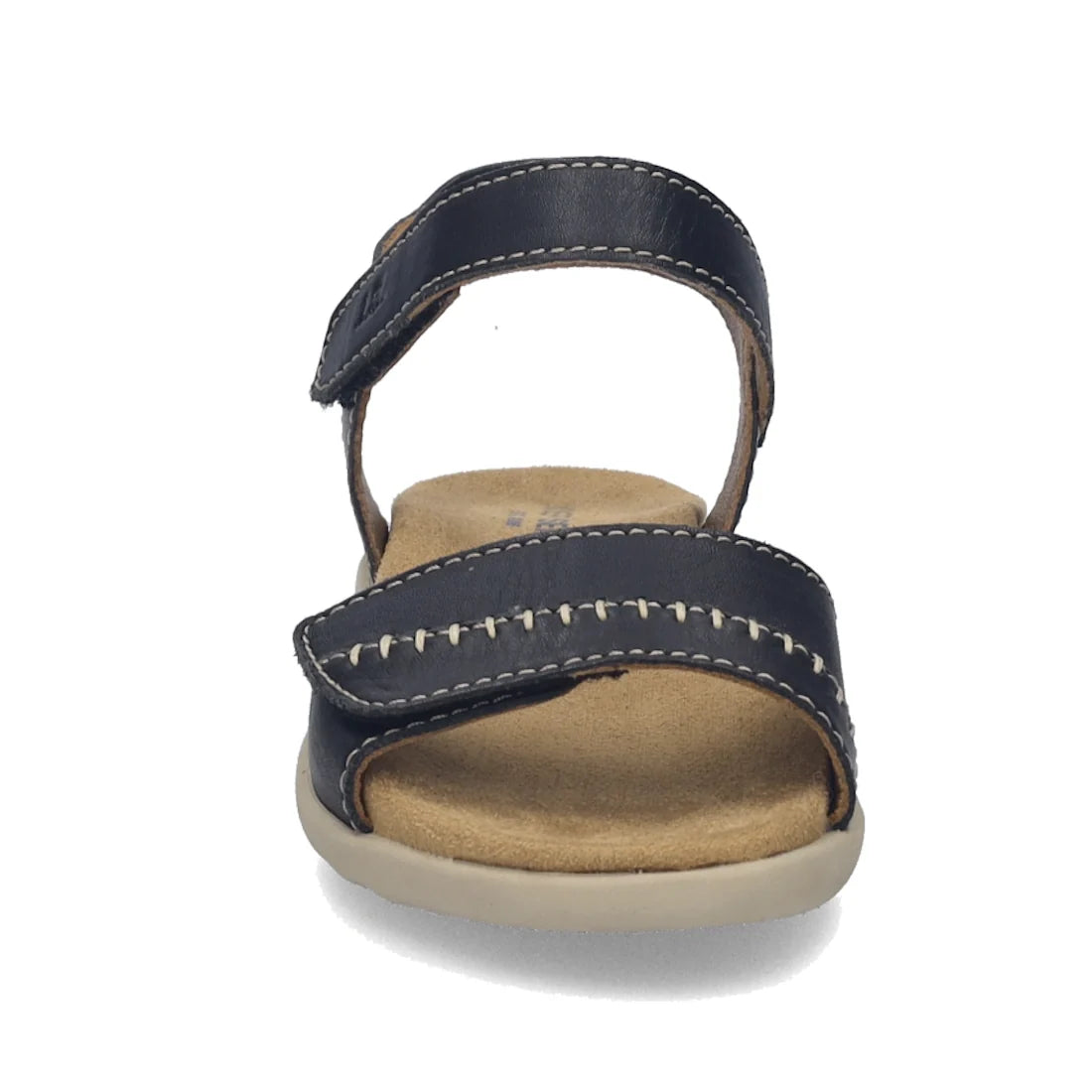 Front view of a single Josef Seibel Juliet 03 Women’s Leather Comfort Sandal in black with a beige sole, visible stitching on the soft leather straps, and a hook-and-loop closure. The sandal features an open toe design and is crafted for women., 407037200