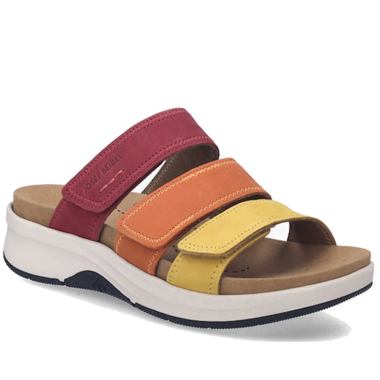 Introducing the Josef Seibel Estelle 11 Womens 3 Strap Leather Slide in Amber Multi, a stylish sandal featuring three Velcro straps in vibrant shades of red, orange, and yellow. Crafted from soft nubuck leather for enhanced comfort, this design also inclu