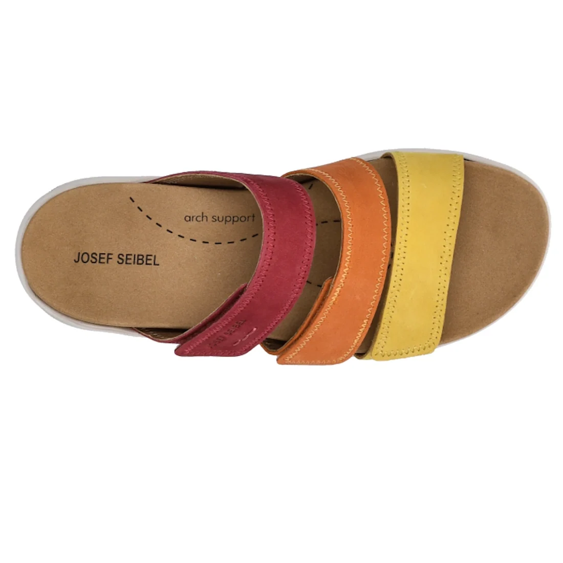 The Josef Seibel Estelle 11 Womens 3 Strap Leather Slide in Amber Multi features three nubuck leather straps in red, orange, and yellow, a tan footbed with the JOSEF SEIBEL logo, and built-in arch support—delivering vibrant comfort and style perfect for s
