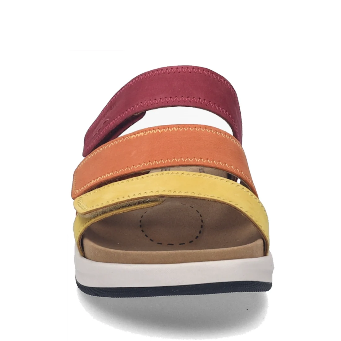 Front view of the Josef Seibel Estelle 11 Womens 3 Strap Leather Slide in Amber Multi, showcasing three horizontal straps in vibrant red, orange, and yellow nubuck leather, a tan stitched footbed, and a white sole with a black bottom edge., 4062838995039,
