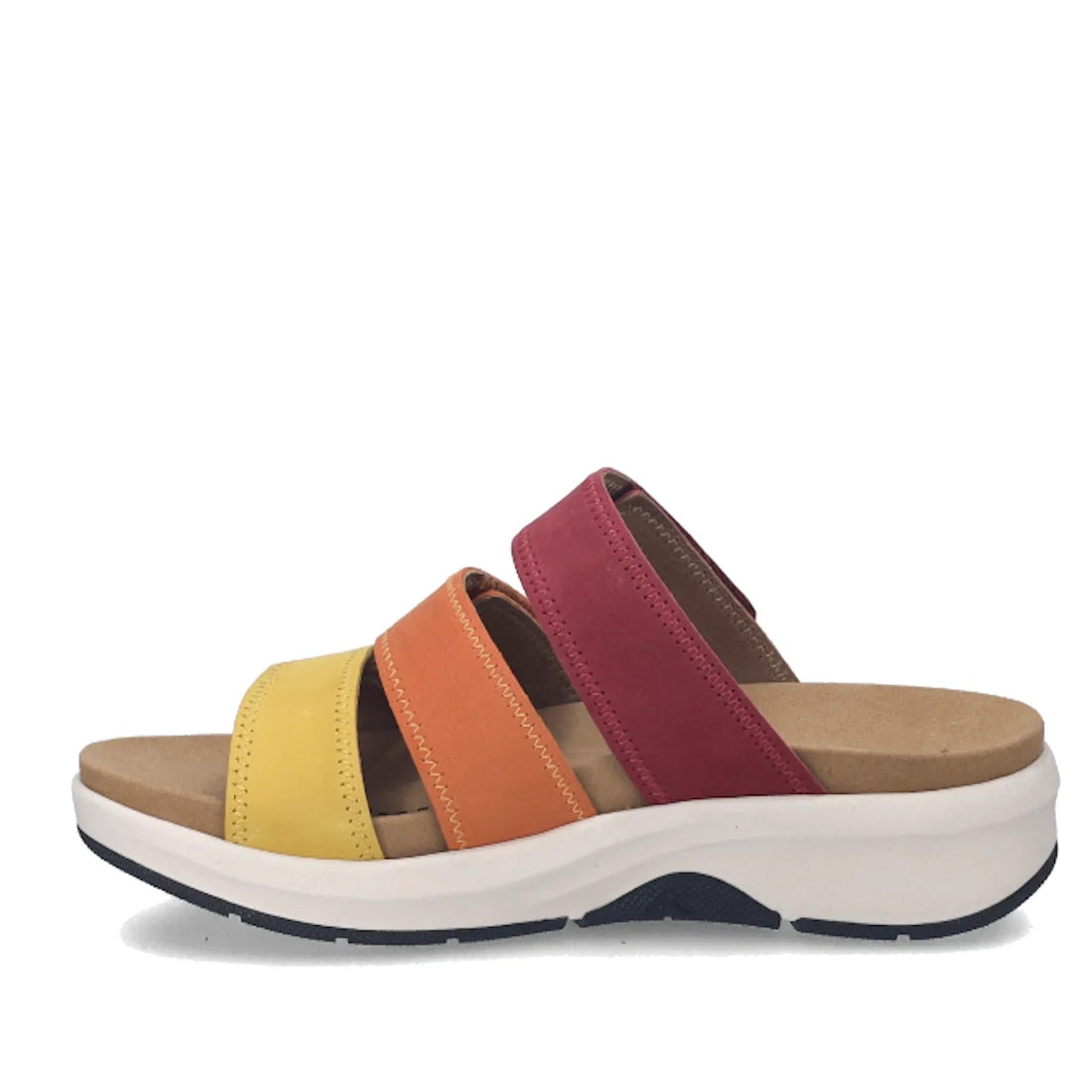 The Josef Seibel Estelle 11 Womens 3 Strap Leather Slide in Amber Multi are easy slip-on sandals with three wide, vibrant straps in yellow, orange, and red nubuck leather. They feature a cushioned tan insole for all-day comfort and rest on a thick white s