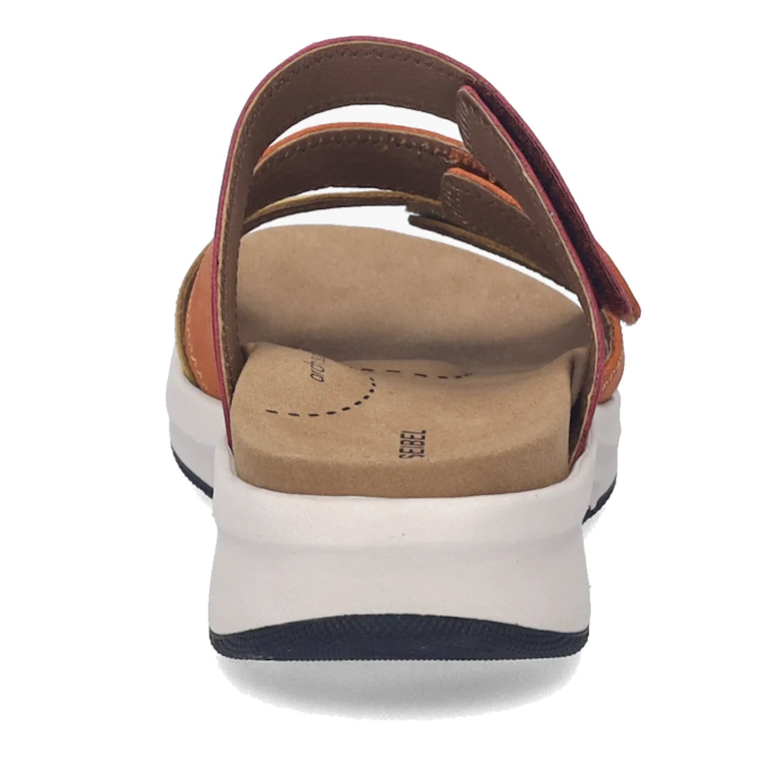 A close-up rear view of the Josef Seibel Estelle 11 Womens 3 Strap Leather Slide in Amber Multi features a beige cushioned insole, stylish amber multi-color nubuck leather straps, and a thick white sole with a black bottom., 4062838995039, 4062838995046, 