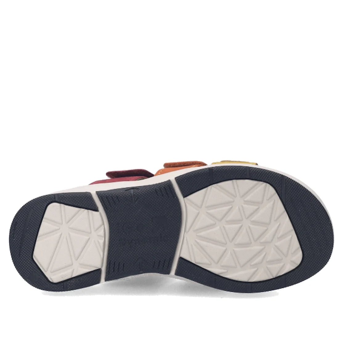 The image shows the sole of the Josef Seibel Estelle 11 Womens 3 Strap Leather Slide Amber Multi, featuring a geometric tread pattern in white with black accents on the toe and heel areas. The design highlights the craftsmanship typical of high-quality le
