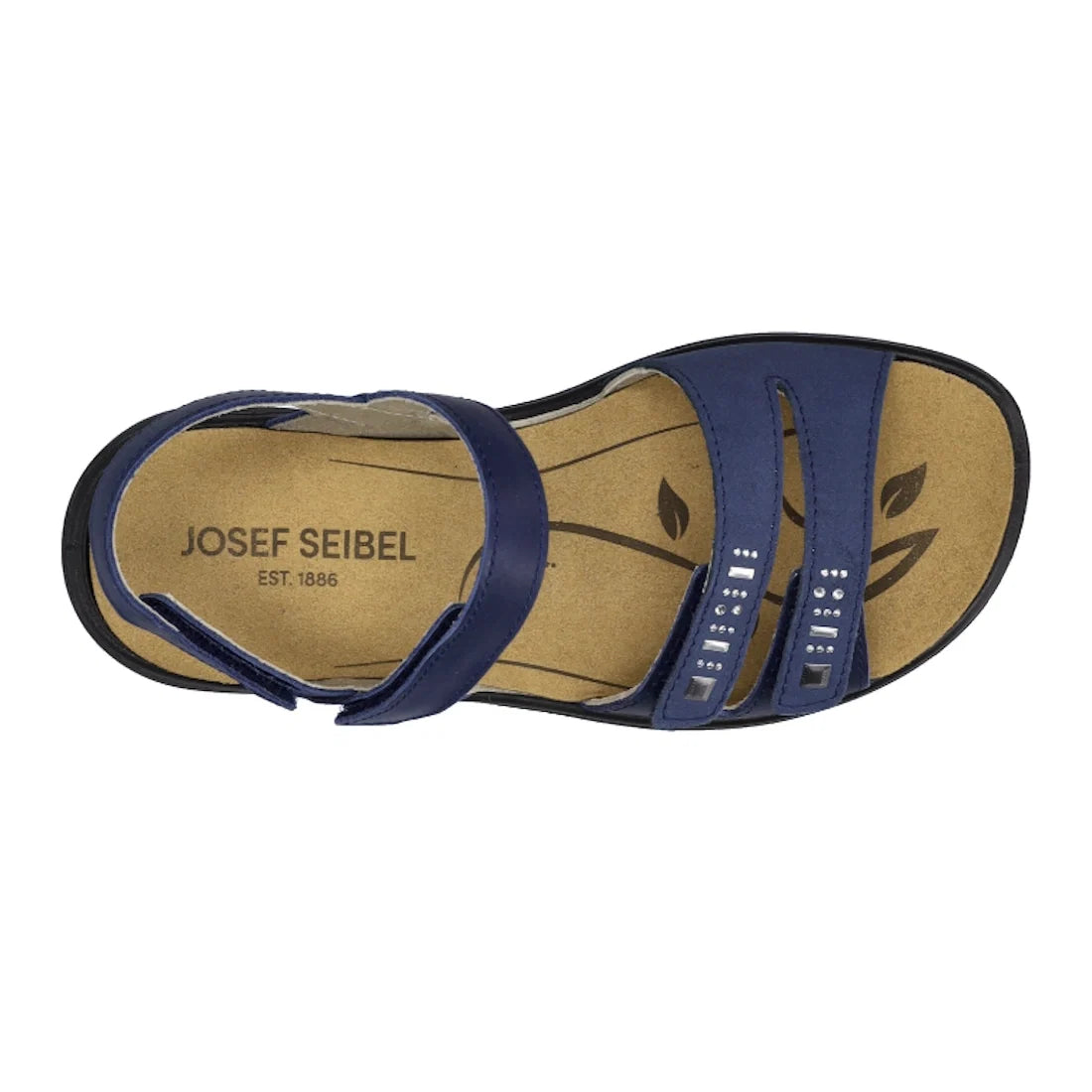 The Josef Seibel Ibiza 86 Women’s Leather Comfort Sandal in Ocean Blue features a tan footbed, two front straps with silver embellishments, and a backstrap with hook-and-loop closure—making it an ideal choice for those seeking stylish and comfortable wome