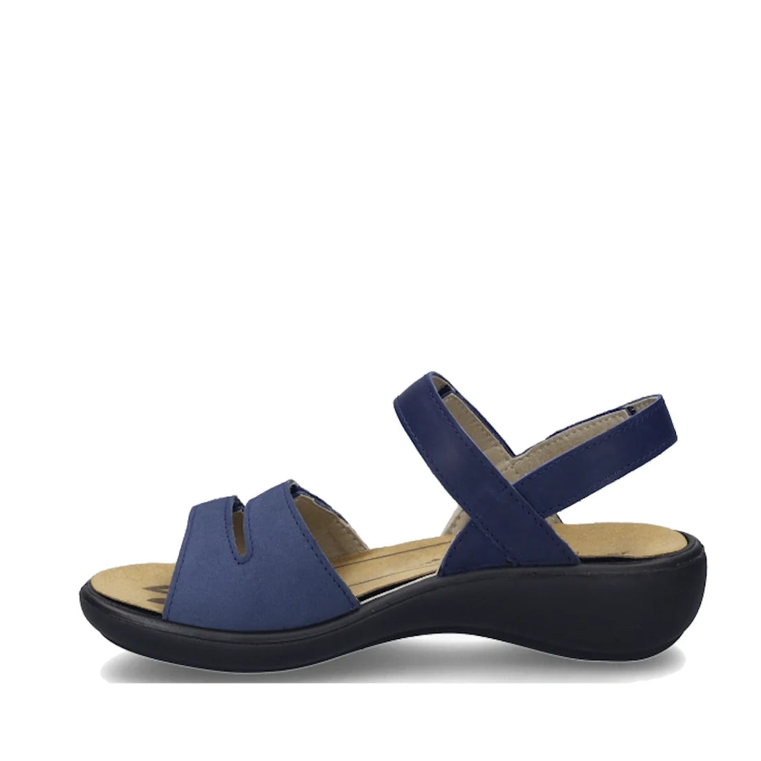 A single Josef Seibel Ibiza 86 Women’s Leather Comfort Sandal in Ocean Blue, featuring a low black wedge heel, open toe, two front straps, and an ankle strap, displayed on a white background., 53181, 4062838863307, 4062838863314, 4062838863321, 53185, 531