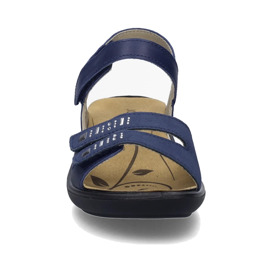 Front view of the Josef Seibel Ibiza 86 Women’s Leather Comfort Sandal in Ocean Blue, featuring two adjustable straps with silver studs and a tan cushioned insole adorned with a decorative leaf pattern. The sandal is finished with a low black sole., 53181