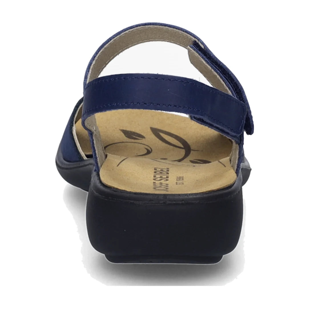 Rear view of the Josef Seibel Ibiza 86 Womens Leather Comfort Sandal in Ocean Blue, featuring a beige insole with leaf designs, a black sole, and an adjustable heel strap, shown against a white background., 53181, 4062838863307, 4062838863314, 40628388633