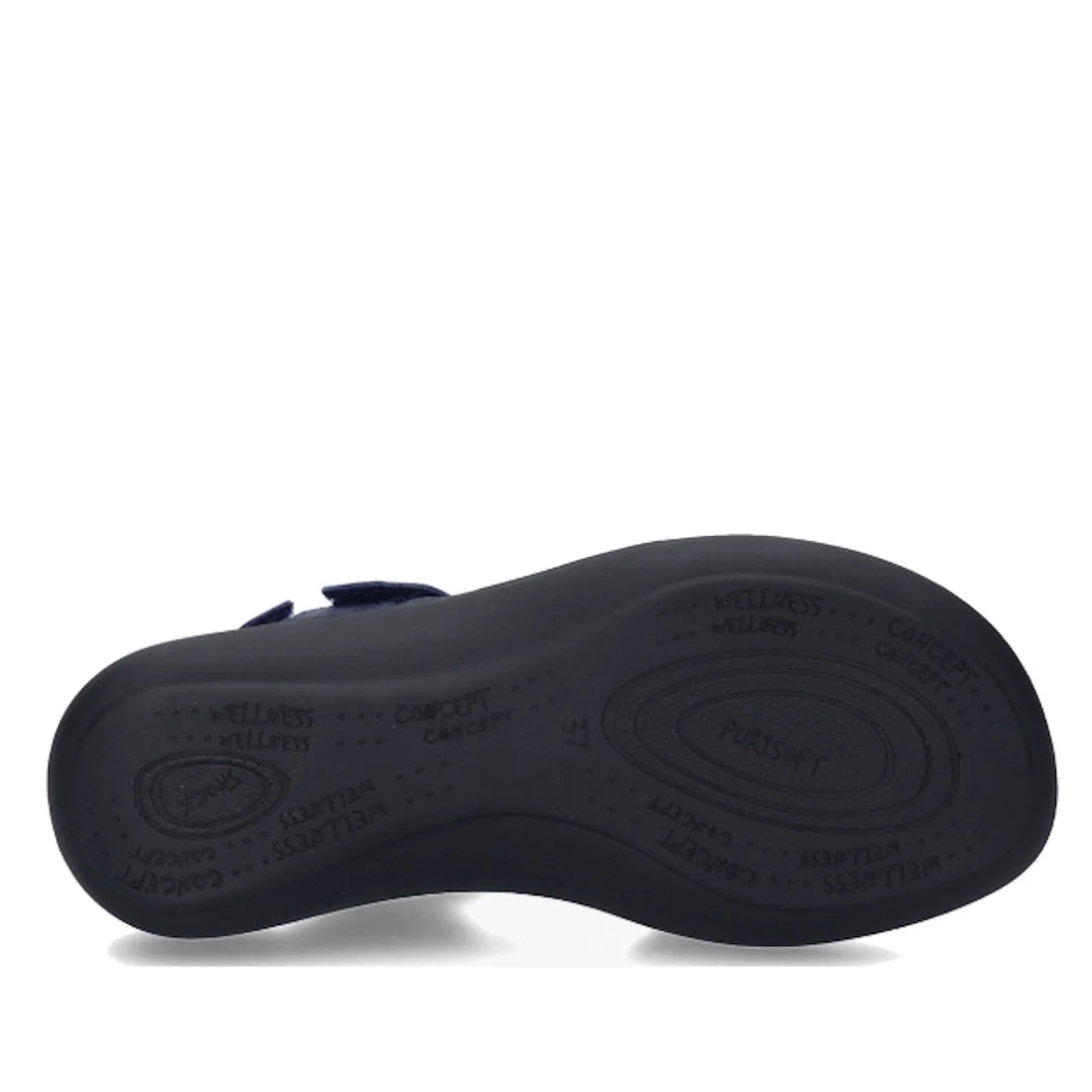 The image shows the black rubber sole of a shoe, viewed from the bottom. The sole features swirl patterns and words like WELLNESS, COMFORT, and FLEXIBILITY embossed across it, characteristic of JOSEF SEIBEL craftsmanship. This distinctive sole can be foun