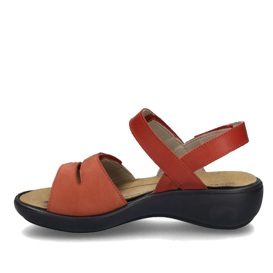 A single red open-toe sandal with a low black wedge heel, featuring two straps across the top, a strap behind the heel, and a tan cushioned insole—this chic design is the Josef Seibel Ibiza 86 Womens Leather Comfort Sandal Rot Red, known for delivering co
