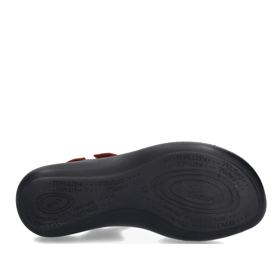 The image displays the bottom view of a black shoe sole featuring textured patterns, grooves, and various text markings for grip and branding—distinctive of JOSEF SEIBEL footwear. This detailed outsole design is typical of their popular women’s sandals, s
